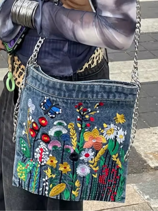 & Other Stories Handbags - & Other Stories Embroidered Denim Crossbody Bag - Blue with Multicolor Floral